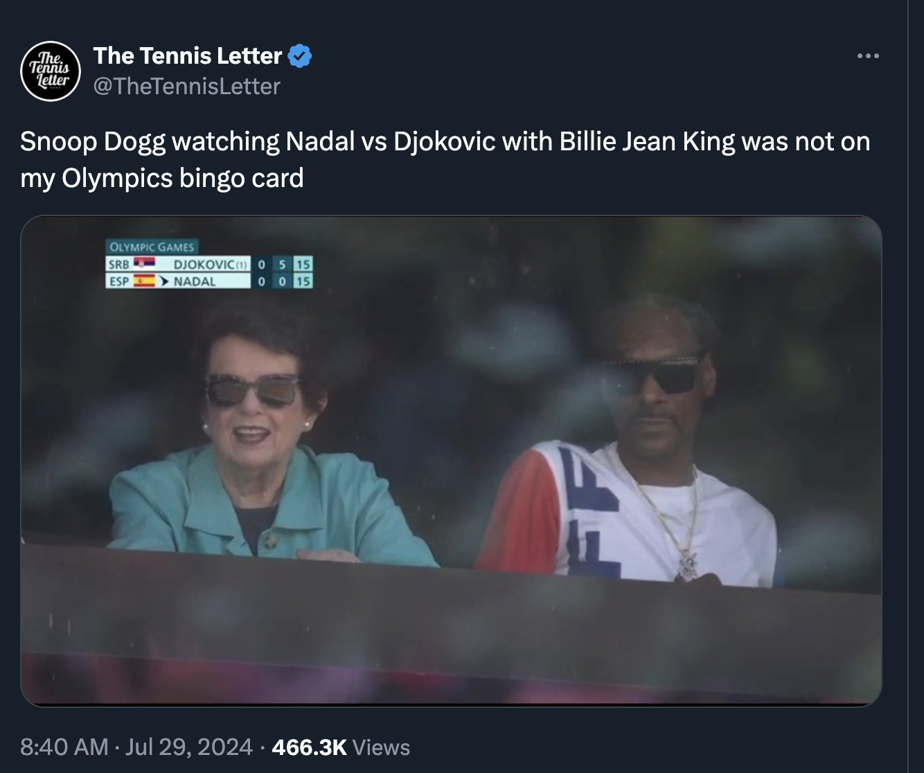 screenshot - The Tennis The Tennis Letter etter Snoop Dogg watching Nadal vs Djokovic with Billie Jean King was not on my Olympics bingo card Olympic Games Srb Esp Djokovic 05 Nadal 0015 Views